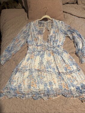 Light Floral Ruffle Tiered Mini Dress - Blue & Peach Flowers